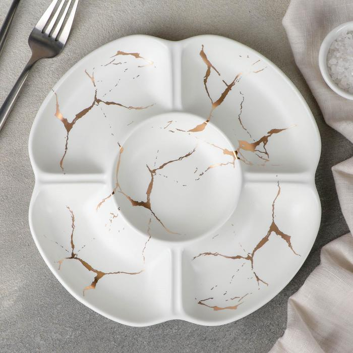 Менажница фарфоровая 5 ячеек «Марбл», 22,8×2,2 см, цвет белый