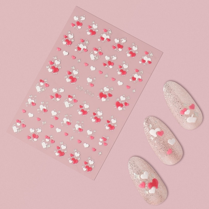 Наклейки для ногтей «Сердечки», объемные, цвет красный/белый Наклейки для ногтей «Сердечки», объемные, цвет красный/белый