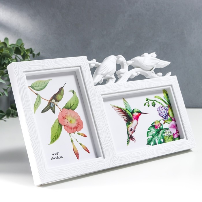 Фоторамка пластик на 2 фото 10х15 см Фоторамка пластик на 2 фото 10х15 см "Птицы на веточке" белая 17,5х29,5 см