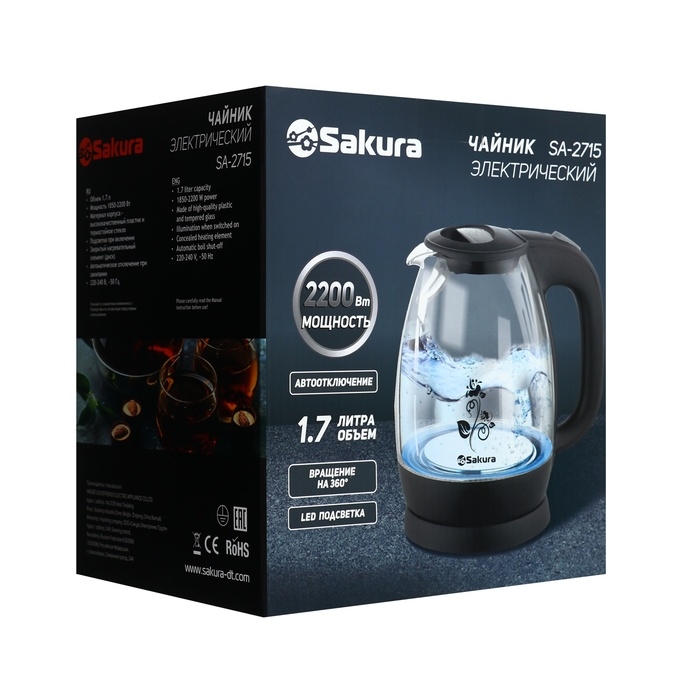 Чайник электрический Sakura SA-2715W, стекло, 1.7 л, 2200 Вт, белый Чайник электрический Sakura SA-2715W, стекло, 1.7 л, 2200 Вт, белый