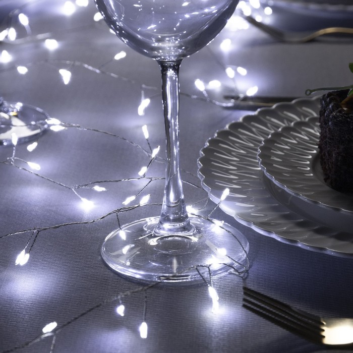 Гирлянда «Мишура» 5 м роса, IP20, серебристая нить, 200 LED, свечение белое, 12 В
