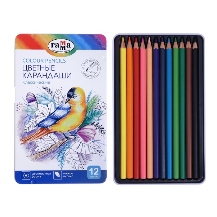 Карандаши 12цв Гамма Карандаши 12цв Гамма "Классические", увел d-3,3мм, заточ, метал пенал 80220212