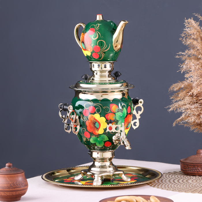 Набор «Маки на зелёном», жёлудь, 3 предмета, самовар 3 л, заварочный чайник 0,7 л, поднос Набор «Маки на зелёном», жёлудь, 3 предмета, самовар 3 л, заварочный чайник 0,7 л, поднос