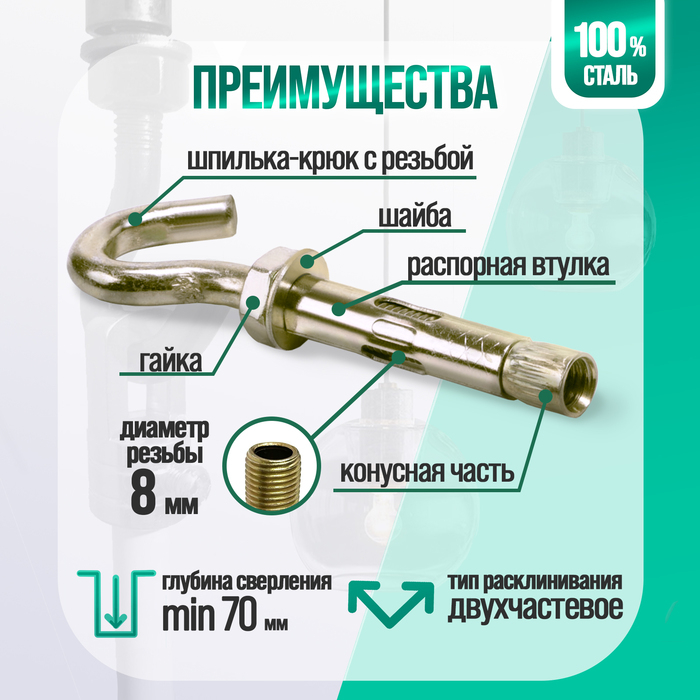 Анкерный болт ЛОМ, с крюком, оцинкованный, 10х60 мм, 50 шт Анкерный болт ЛОМ, с крюком, оцинкованный, 10х60 мм, 50 шт