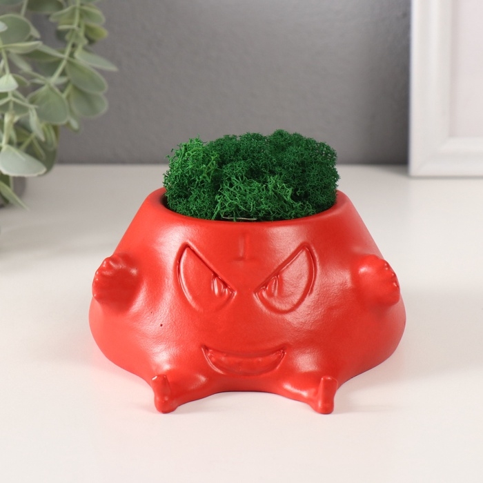 Кашпо бетонное  Кашпо бетонное "Злобный смех" со мхом 6,5*12,5см красный (мох зеленый стабилизированный)