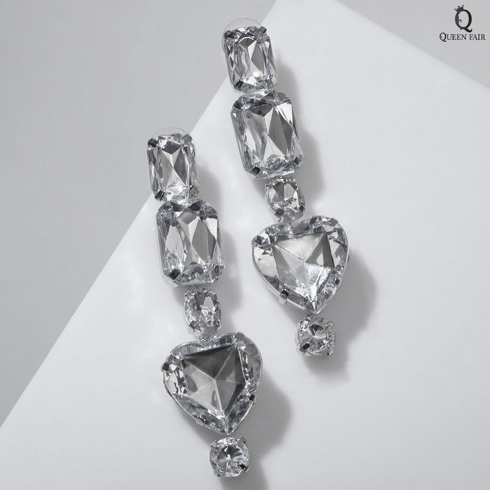 Серьги висячие со стразами «Драгоценность» сердце, цвет белый в серебре, 7 см
