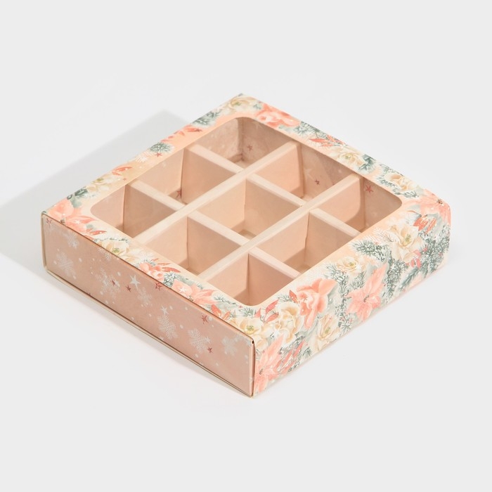 Коробка под 9 конфет с ячейками «Стильный розовый» 14,5 х 14,5 х 3,5 см, Новый год Коробка под 9 конфет с ячейками «Стильный розовый» 14,5 х 14,5 х 3,5 см, Новый год