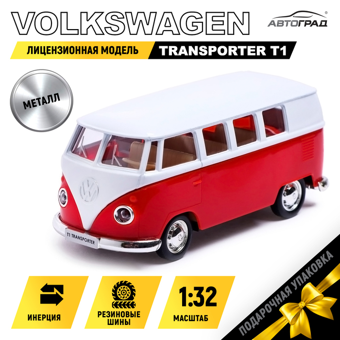 Машина металлическая VOLKSWAGEN TRANSPORTER T1, 1:32, открываются двери, инерция, цвет красный Машина металлическая VOLKSWAGEN TRANSPORTER T1, 1:32, открываются двери, инерция, цвет красный