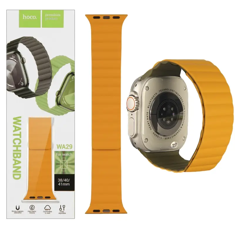 Ремешок для Apl watch 38/40/41mm WA29 magnetic silicone strap Army green/bright yellow HOCO Ремешок для Apl watch 38/40/41mm WA29 magnetic silicone strap Army green/bright yellow HOCO