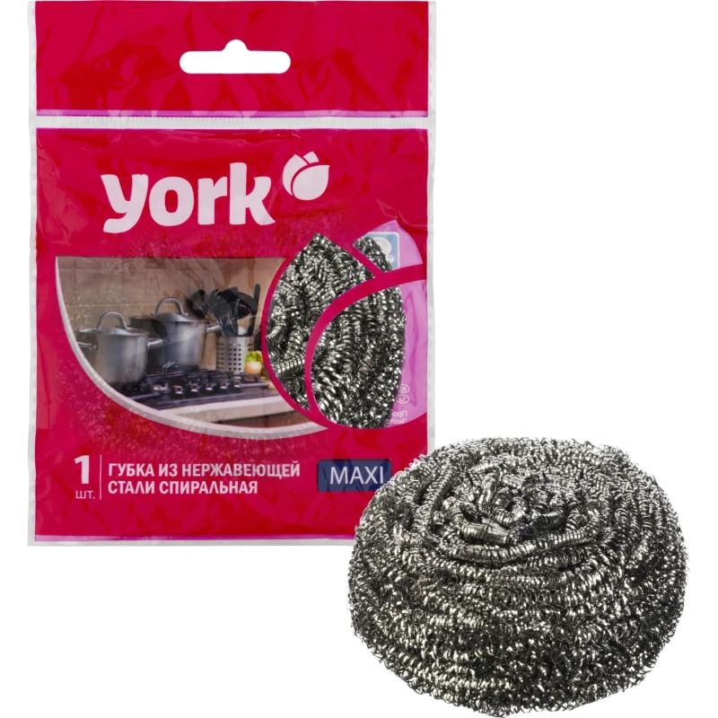 Губка-мочалка для мытья посуды YORK Макси спиральная стальная