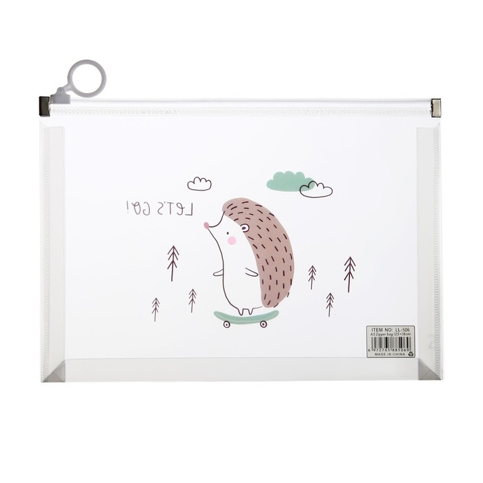 Папка-конверт на молнии формат А5, 180мкр, с рисунком Папка-конверт на молнии формат А5, 180мкр, с рисунком "Звери на скейтборде и сноуборде", МИКС