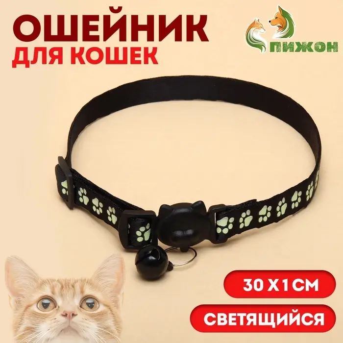 Ошейник кошачий &laquo;Душечка&raquo; светящийся, с бубенчиком, 30&times;1 см, полиэстер, черный