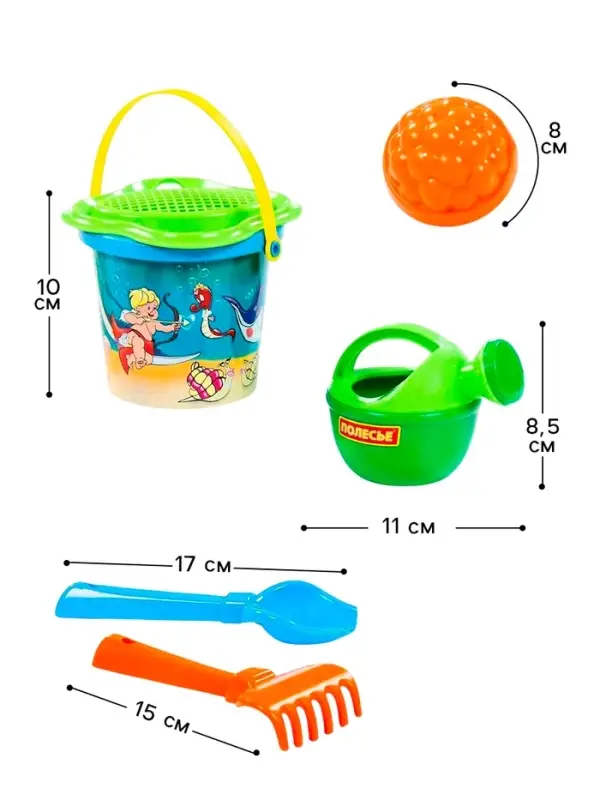 Набор игрушек для песочницы, 7 предметов: ведро, ситечко, совок, грабельки, формочки, лейка, МИКС