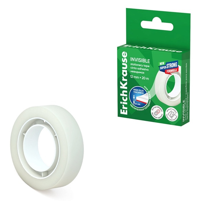 Клейкая лента канцелярская, 12 мм х 20 метра, ErichKrause Invisible, матовая, незаметная, в коробке, с европодвесом Клейкая лента канцелярская, 12 мм х 20 метра, ErichKrause Invisible, матовая, незаметная, в коробке, с европодвесом