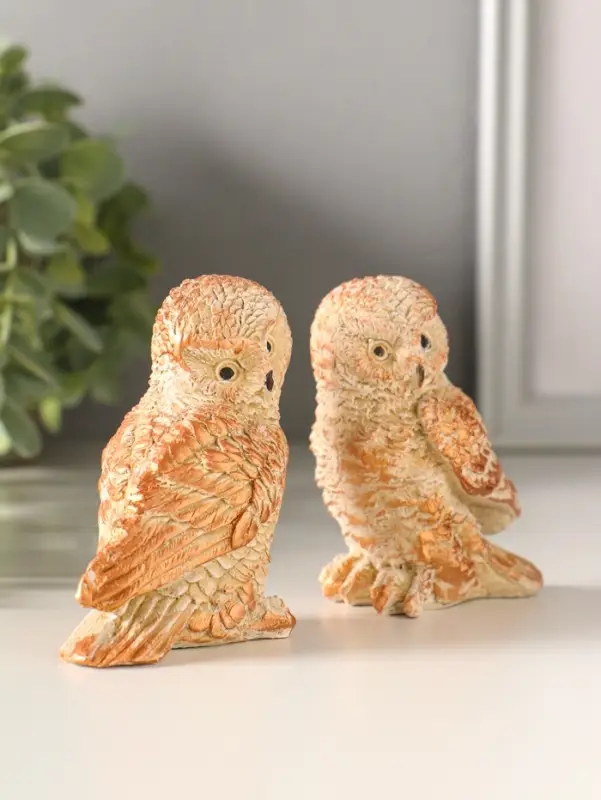 Статуэтки набор 2 шт "Два совенка" 8х8 см, бежевый