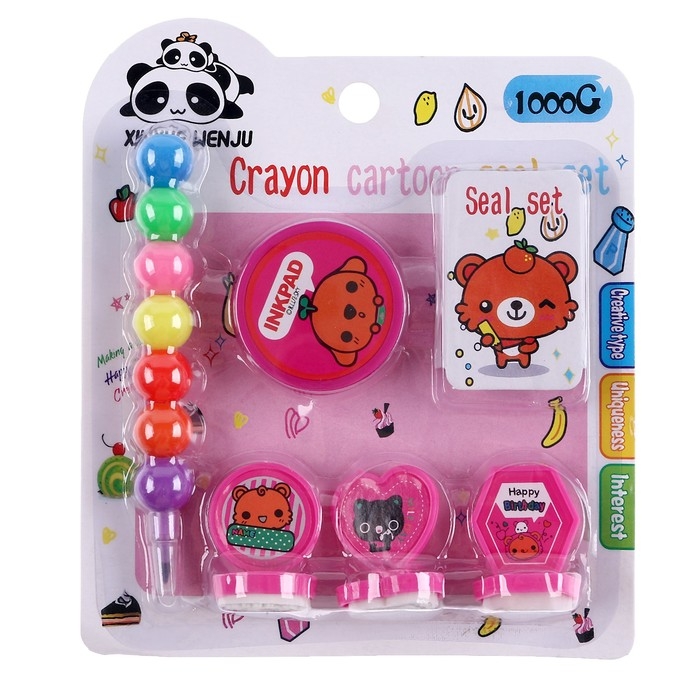 Набор для рисования: печать 3 шт., штемпельная подушка, карандаш 7 цветов, цвет розовый Набор для рисования: печать 3 шт., штемпельная подушка, карандаш 7 цветов, цвет розовый