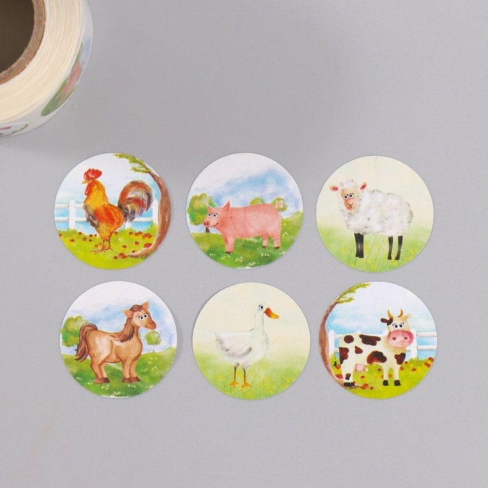 Наклейка бумага Наклейка бумага "Животные в деревне" d=2,5 см 252 шт в рулоне