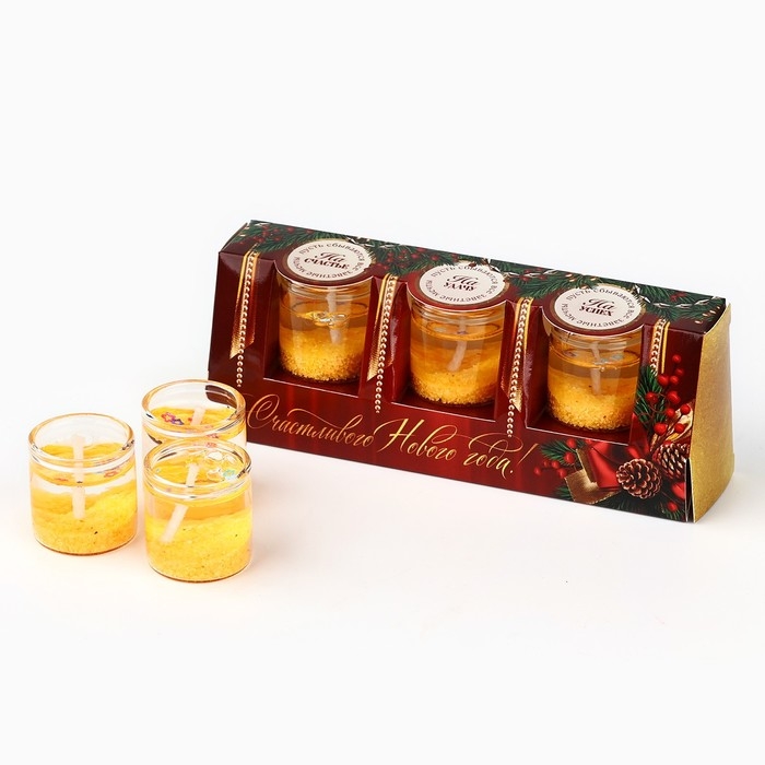 Свечи гелевые новогодние «Счастливого нового года» на Новый год на Новый год, 3 шт, золотые, 2,5 х2,5 х 2,5 см Свечи гелевые новогодние «Счастливого нового года» на Новый год на Новый год, 3 шт, золотые, 2,5 х2,5 х 2,5 см