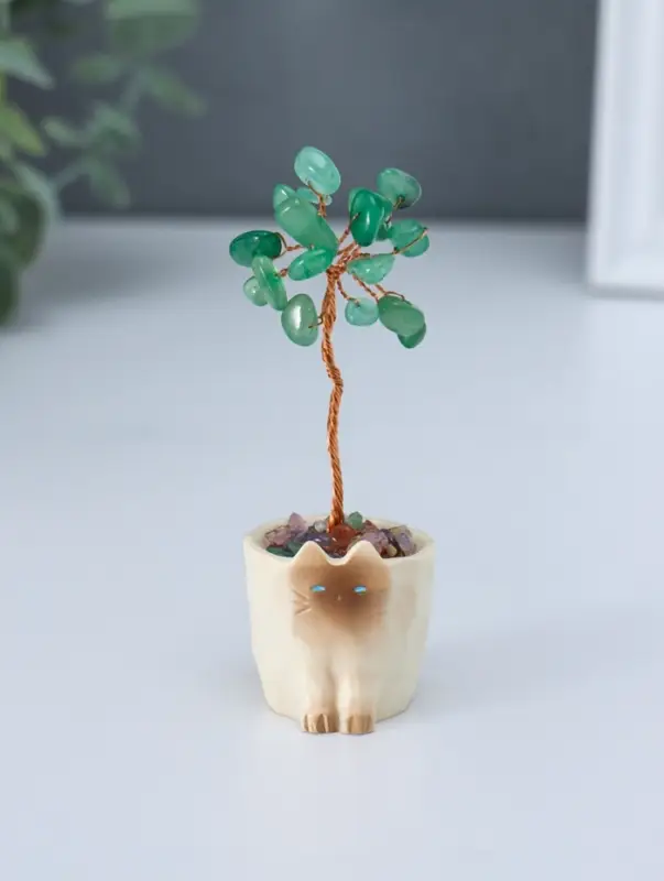 Сувенир "Котик-горшок и зелёное дерево" 12 камней 3,3х3,4х8,8 см