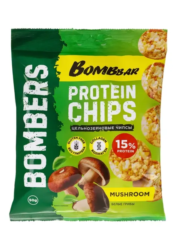 ТМ BOMBBAR Чипсы цельнозерновые протеиновые со вкусом  ТМ BOMBBAR Чипсы цельнозерновые протеиновые со вкусом "Белые грибы" 50 г