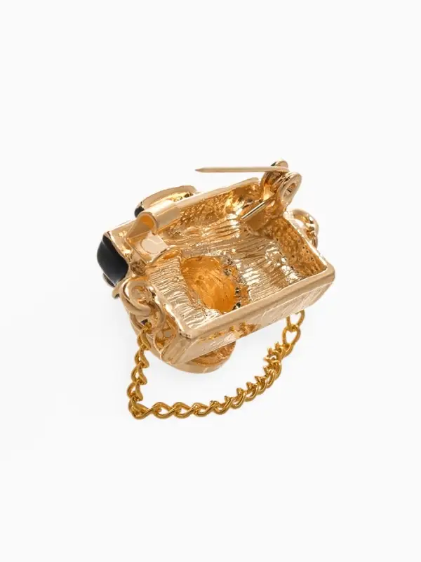 Брошь "Фотоаппарат" с жемчугом, чёрно-коричневая в золоте