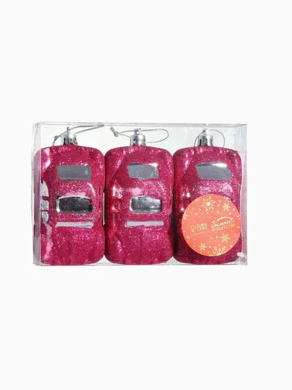 Ёлочные игрушки 3 шт., &laquo;Зимнее волшебство, Машинки&raquo; пластик, 9&times;3.5 см, розовый