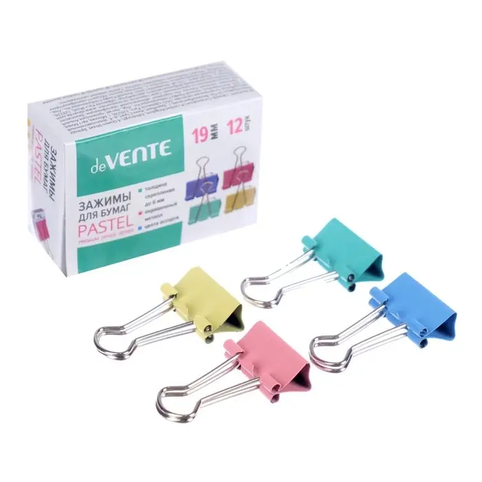 Зажимы для бумаг 19 мм, 12 штук, deVENTE, металлические, МИКС х 4 цвета, картонная коробка
