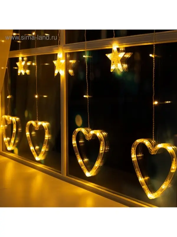 Гирлянда &laquo;Бахрома&raquo; 2.4&times;0.9 м с насадками &laquo;Сердце&raquo;, IP20, прозрачная нить, 186 LED, свечение тёплое белое, 8 режимов, 220 В
