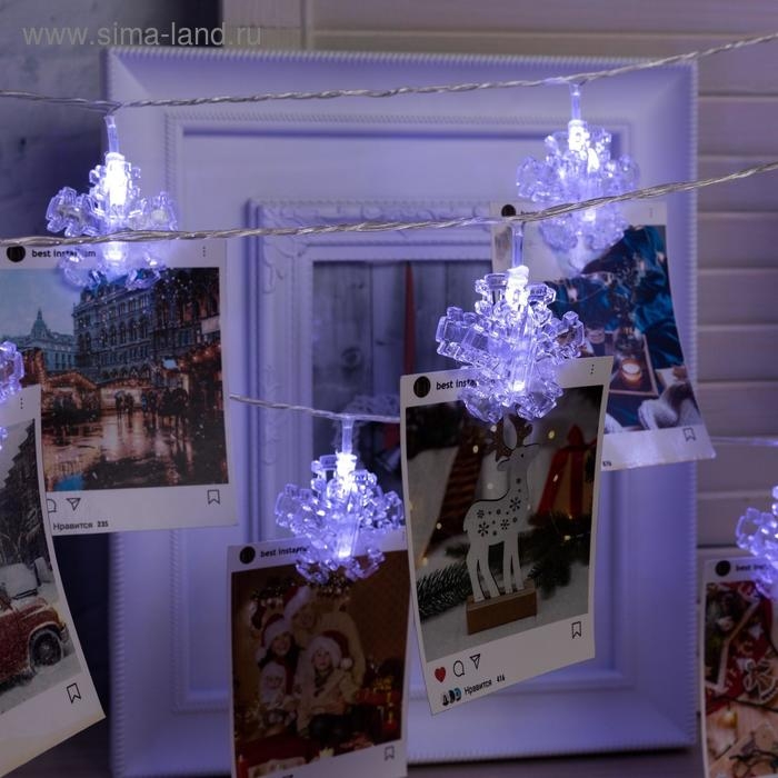 Гирлянда «Нить» 4.5 м с насадками «Прищепки-снежинки», IP20, прозрачная нить, 20 LED, свечение белое, 220 В