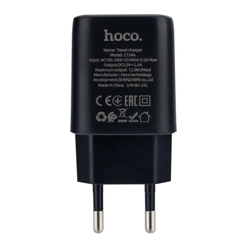 Сетевое зарядное устройство с кабелем USB на Type-C 2.4A C134A HOCO черное