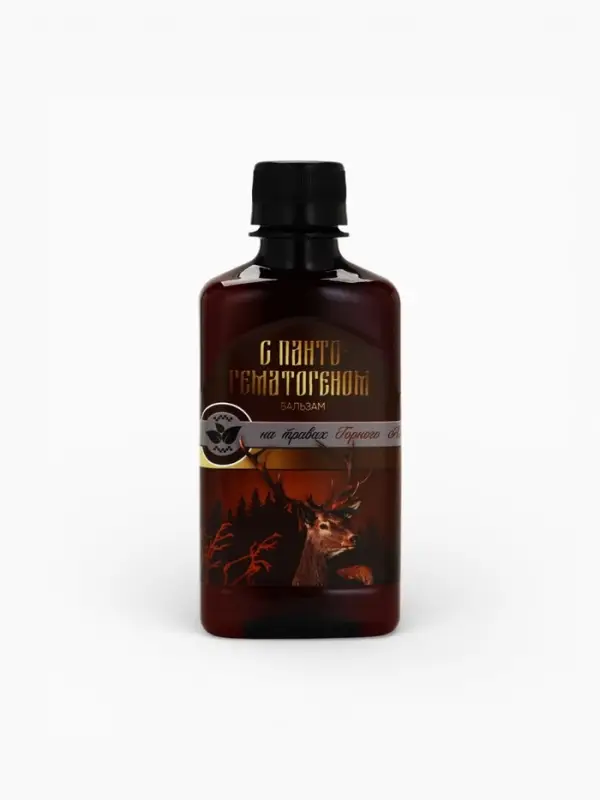 Бальзам безалкогольный &laquo;С пантогематогеном&raquo;: шиповник, рябина, красный корень, золотой корень, зверобой, аир, девясил, пантогематоген, в пластиковой бутылке, 250 мл.