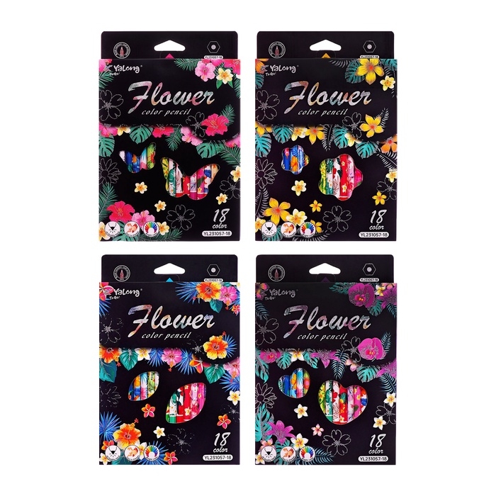 Карандаши 18 цветов в картонной коробке, шестигранные, деревянные,Цветы на чёрном МИКС Карандаши 18 цветов в картонной коробке, шестигранные, деревянные,Цветы на чёрном МИКС