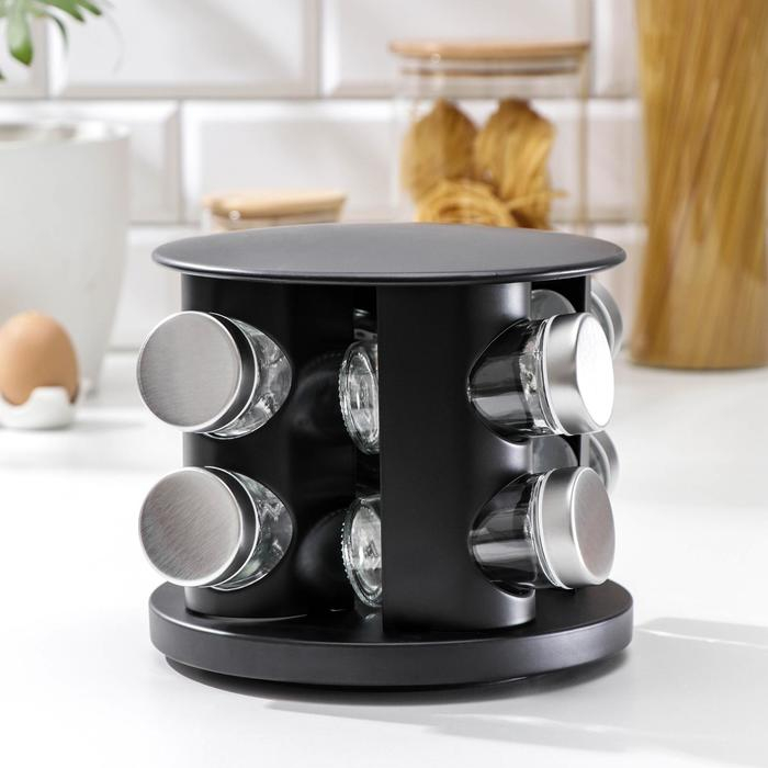 Набор для специй из стекла на подставке «Шеф», 85 мл, 8 предметов, 19×16 см, цвет чёрный Набор для специй из стекла на подставке «Шеф», 85 мл, 8 предметов, 19×16 см, цвет чёрный