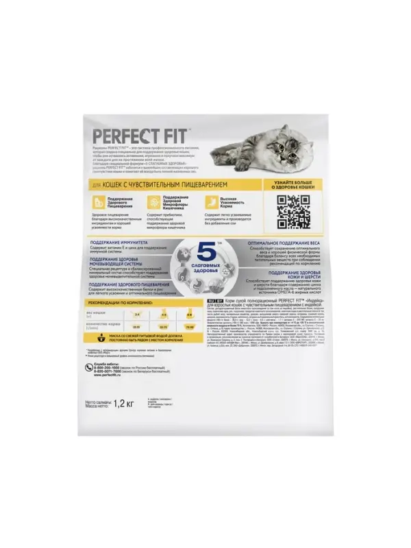 Сухой корм Perfect Fit для чувствительных кошек, индейка, 1.2 кг