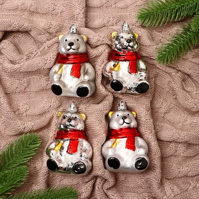 Ёлочная игрушка Ёлочная игрушка "Мишка в шарфике" (набор 4 шт) 5,5х8 см, серебро