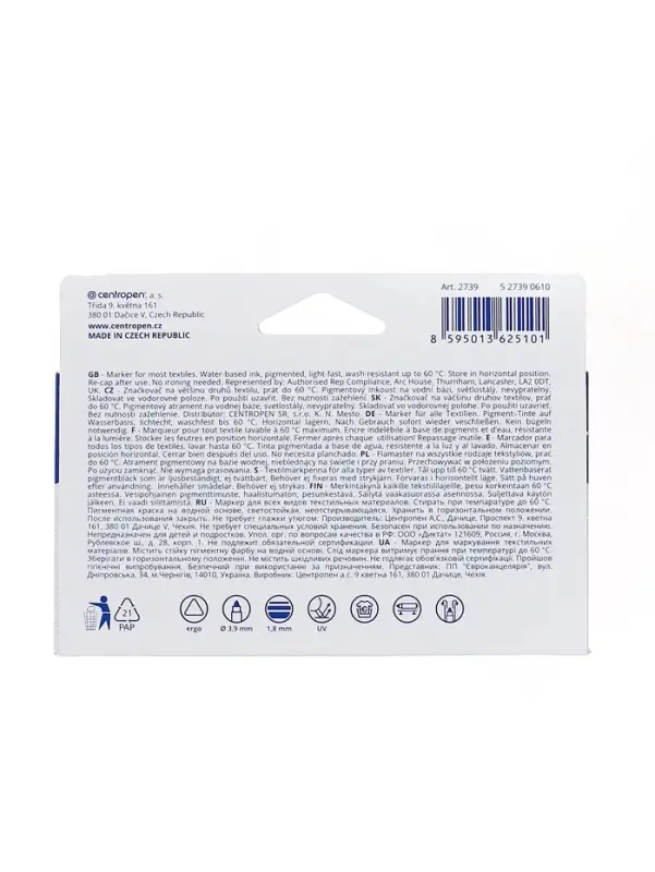 Набор маркеров для ткани Centropen 2739, 6 цветов, узел 3.9 мм, линия 1.8 мм