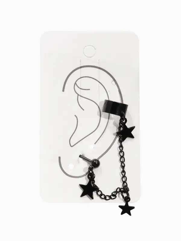 Серьга кафф &laquo;Цепь со звездой&raquo;, чёрная