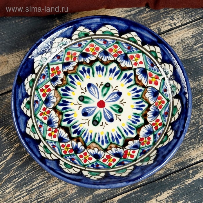 Тарелка Риштанская Керамика Тарелка Риштанская Керамика "Цветы", синяя, плоская, 15 см, микс