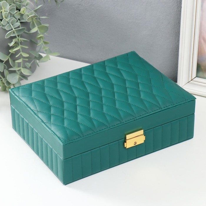 Шкатулка кожзам для украшений  Шкатулка кожзам для украшений "Ромбики. На кнопке" зелёная 7,5х24,5х18,5 см