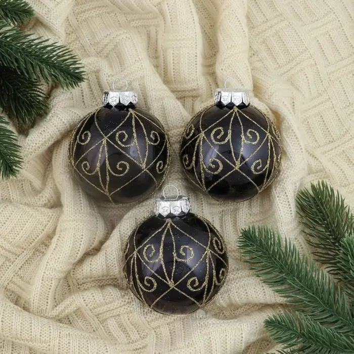 Ёлочные игрушки &laquo;Сказочные узоры&raquo; завитки, шары новогодние, d=8 см, 3 шт., золотисто-чёрный