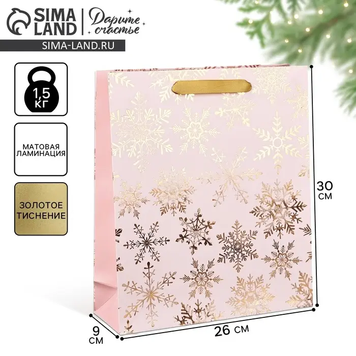 Пакет подарочный новогодний ламинированный &laquo;Вьюга&raquo;, тиснение, M 30&times;26&times;9 см