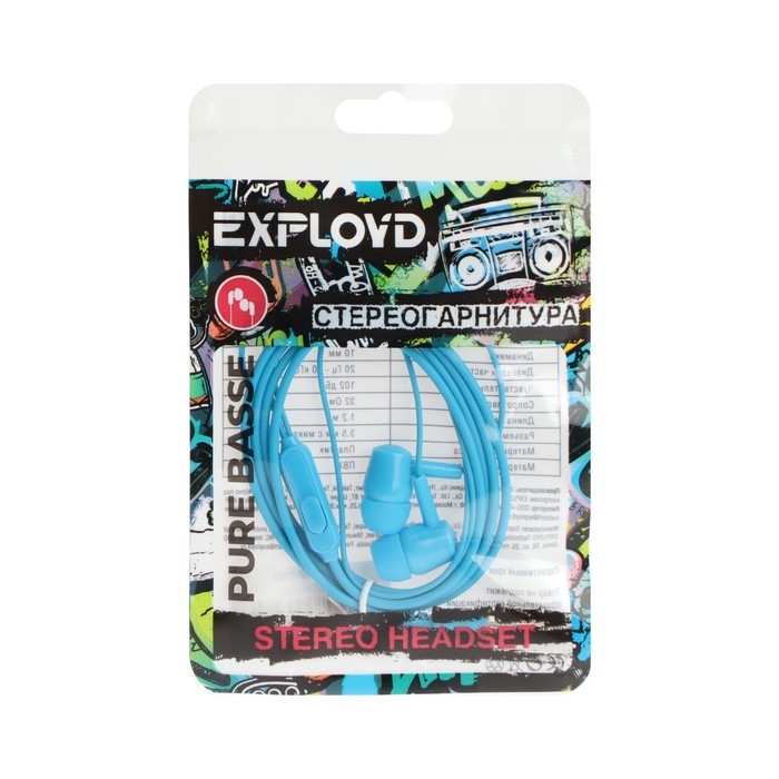Наушники Exployd EX-HP-1369, вакуумные, микрофон, 102 дБ, 32 Ом, 3.5 мм, 1.2 м, голубые Наушники Exployd EX-HP-1369, вакуумные, микрофон, 102 дБ, 32 Ом, 3.5 мм, 1.2 м, голубые