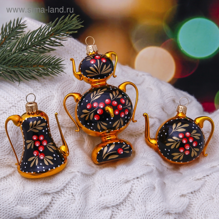 Набор ёлочных игрушек Набор ёлочных игрушек "Чаепитие" h-Кофейник-6,5 см, самовар-10,5 см, чайник-5 см