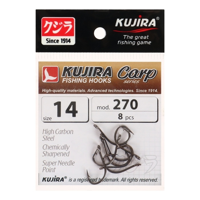 Крючки карповые Kujira Carp 270, цвет BN, № 14, 8 шт. Крючки карповые Kujira Carp 270, цвет BN, № 14, 8 шт.