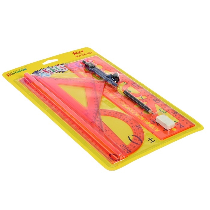 Набор геометрический, чертежный, блистер: линейка 30 см, 2 треугольника, транспортир, ластик, циркуль, линейка с трафаретами, тонированный, МИКС Набор геометрический, чертежный, блистер: линейка 30 см, 2 треугольника, транспортир, ластик, циркуль, линейка с трафаретами, тонированный, МИКС