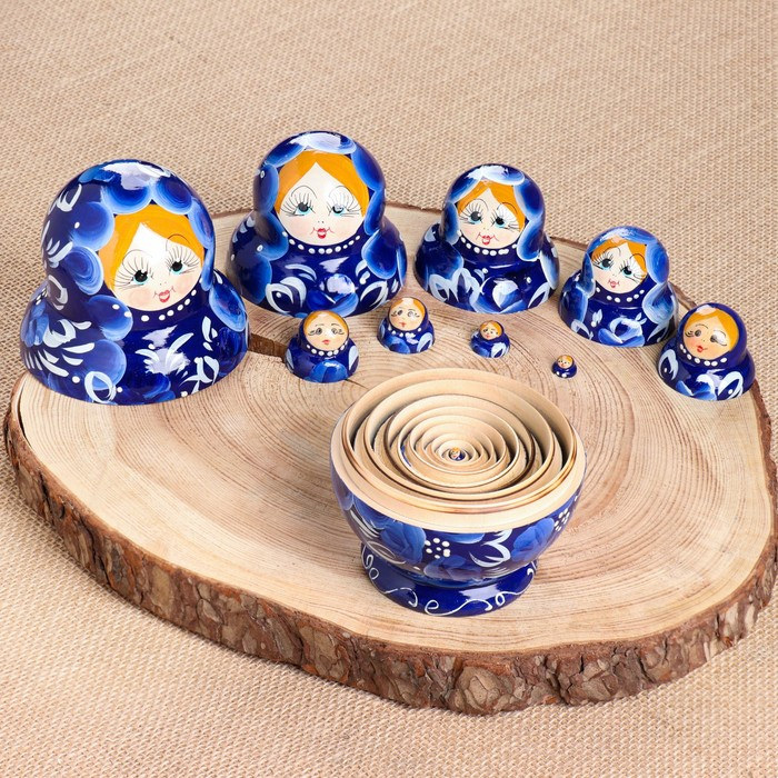 Матрёшка «Гжель», синее платье, 10 кукольная, 13 см,ручная роспись Матрёшка «Гжель», синее платье, 10 кукольная, 13 см,ручная роспись