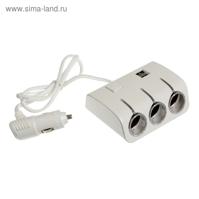 Разветвитель прикуривателя, 3 гнезда, 2 USB 1 А, 60 Вт, 12/24 В, подсветка, провод 70 см Разветвитель прикуривателя, 3 гнезда, 2 USB 1 А, 60 Вт, 12/24 В, подсветка, провод 70 см