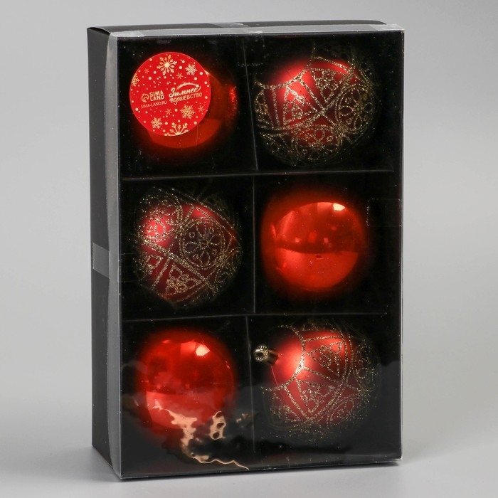 Набор шаров пластик d-7,5 см, 6 шт Набор шаров пластик d-7,5 см, 6 шт "Морозная росшивь" орнамент, коричневый