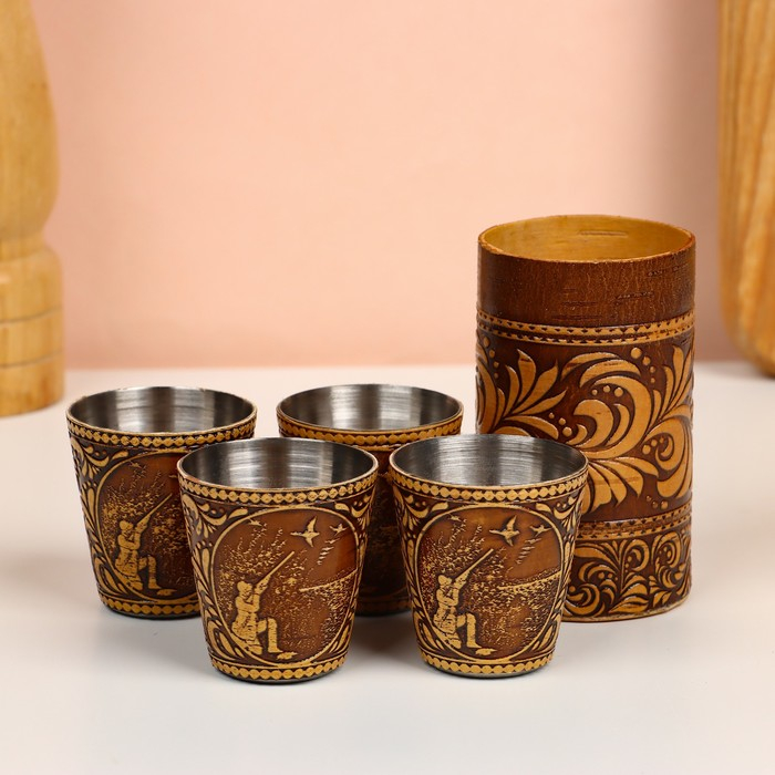 Набор стопок «Охотник», 4 шт, в тубусе, 4,5×4,5×9 см, береста Набор стопок «Охотник», 4 шт, в тубусе, 4,5×4,5×9 см, береста