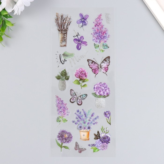 Наклейка пластик Наклейка пластик "Лаванда, сирень и фиалки" с серебристой обводкой 10х27 см